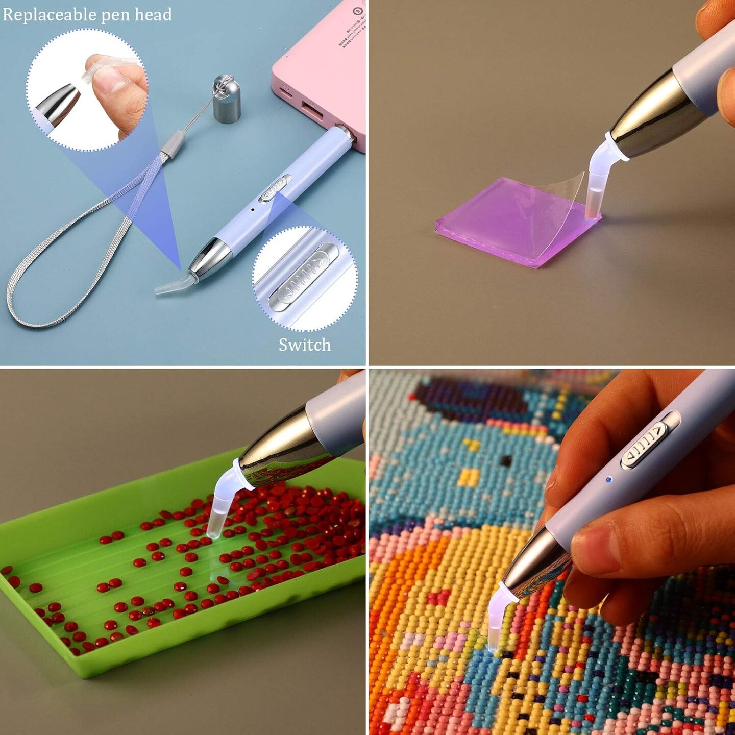 27 Pcs Diamond Painting Rhinestone Art Accessories & Tools, Included Lighted USB Rechargeable LED Painting Pen, 20 Glue Clay, 5 Rhinestone Pen Tips and Storage Case for DIY Painting Craft(Purple)