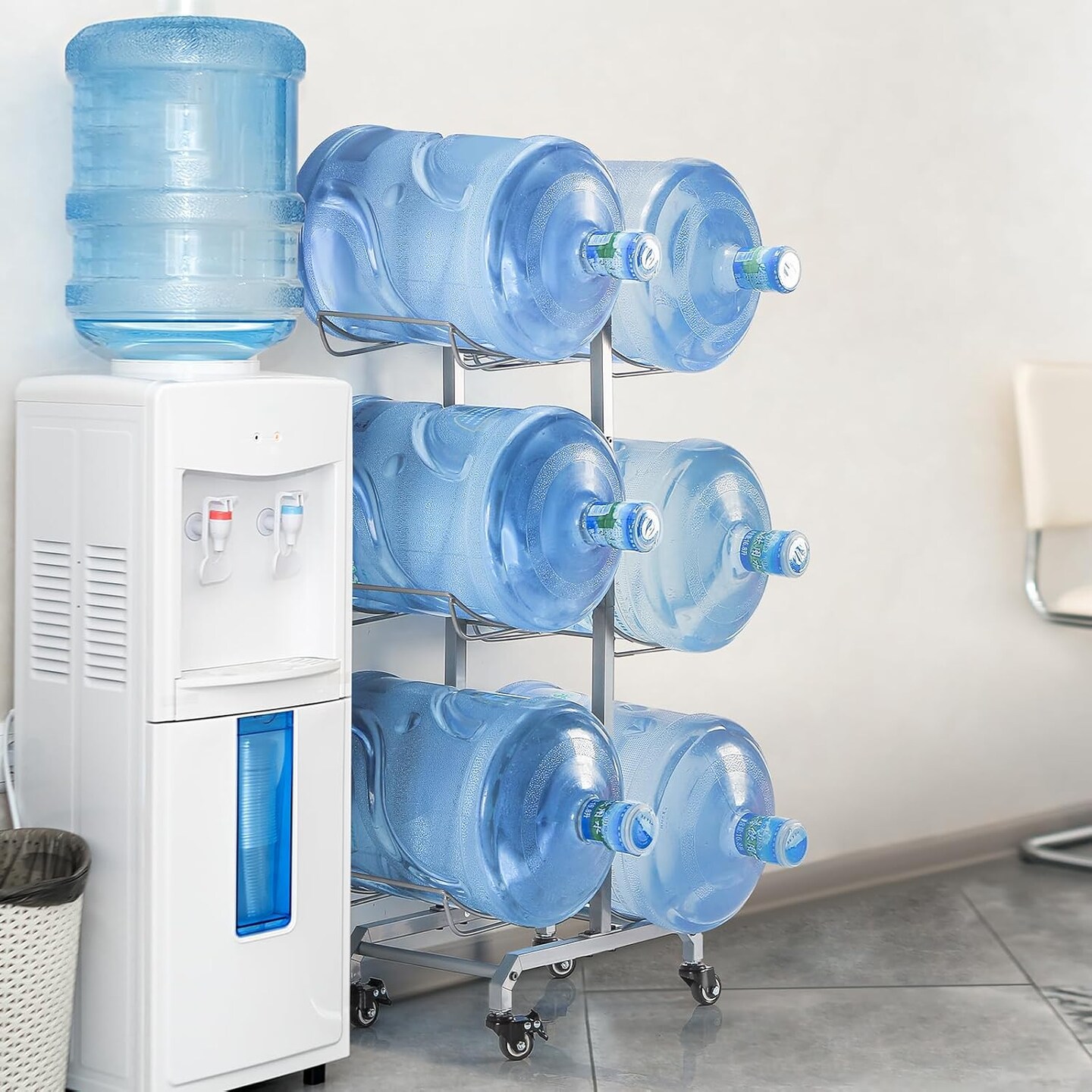 5 Gallon Water Cooler Jug Rack for 6 Bottles - 3-Tier Heavy-Duty Stand with Wheels, Silver, Space-Saving Storage for Home, Office, Garage