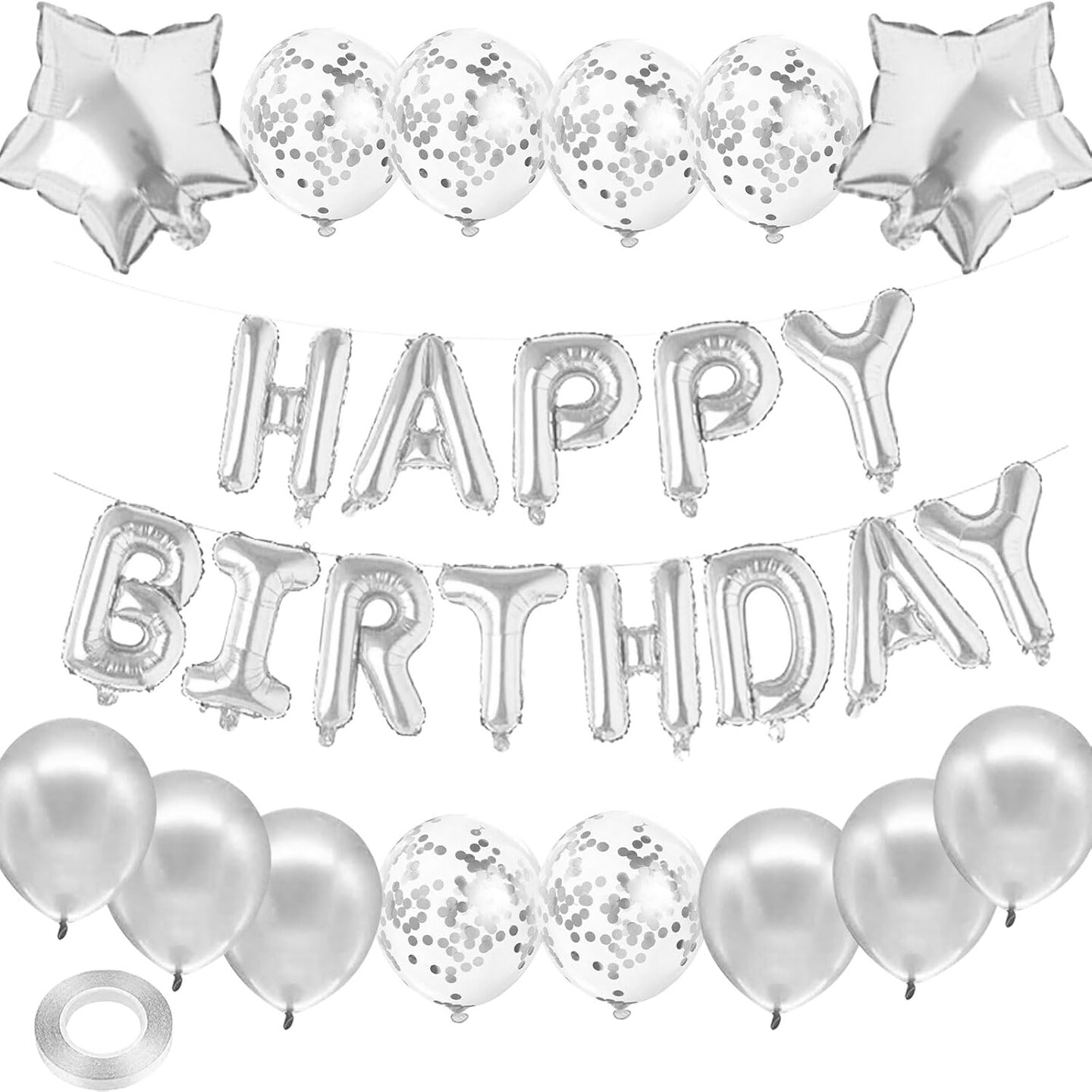 15PCS Silver Birthday Party Set – Banner, Heart & Star Foil Balloons with Confetti