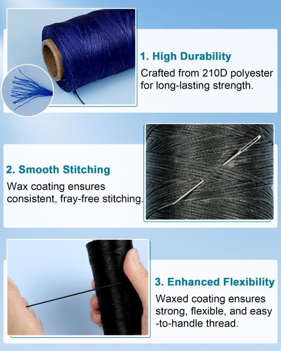 Leather Upholstery Sewing Waxed Thread: 218 Yards 210D Wax String Set with 30Large Eye Hand Sewing Needles,2 Curved Needle and 2 pcs Needle threaders