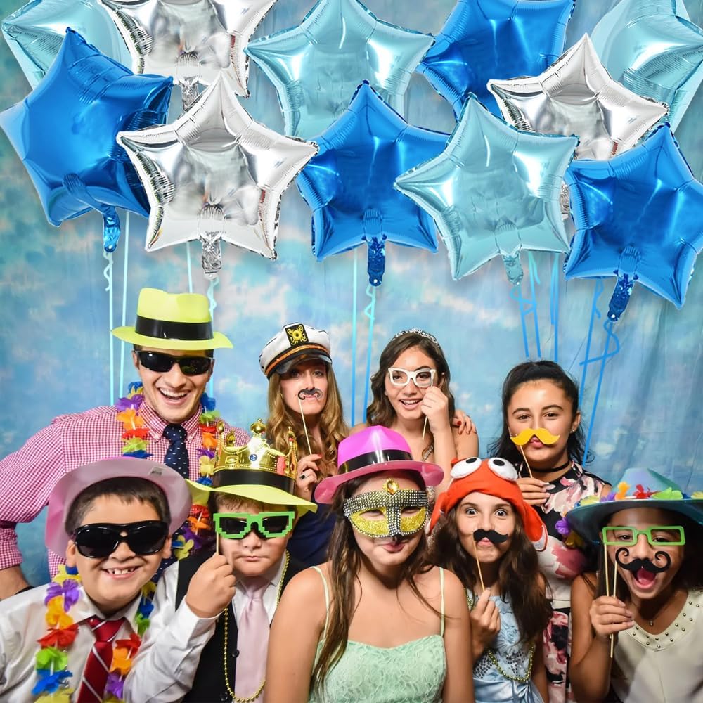 30Pcs 18 Inch Large Blue Silver Star Shape Foil Balloons Big Stars Helium Mylar Ballons for Birthday Wedding Baby Shower Anniversary Engagement Party Decorations Supplies