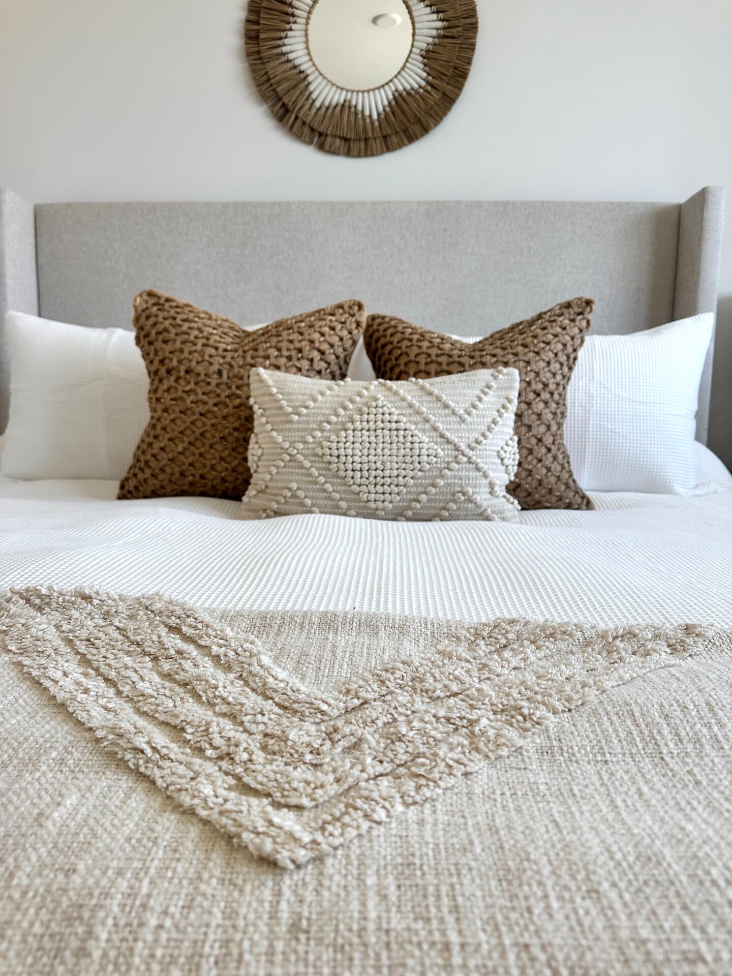 Braided Jute Boho Chic Pillow Cover 20&#x22; | Tan Woven Cotton Decorative Cushion | Rustic Farmhouse Neutral Throw Pillow