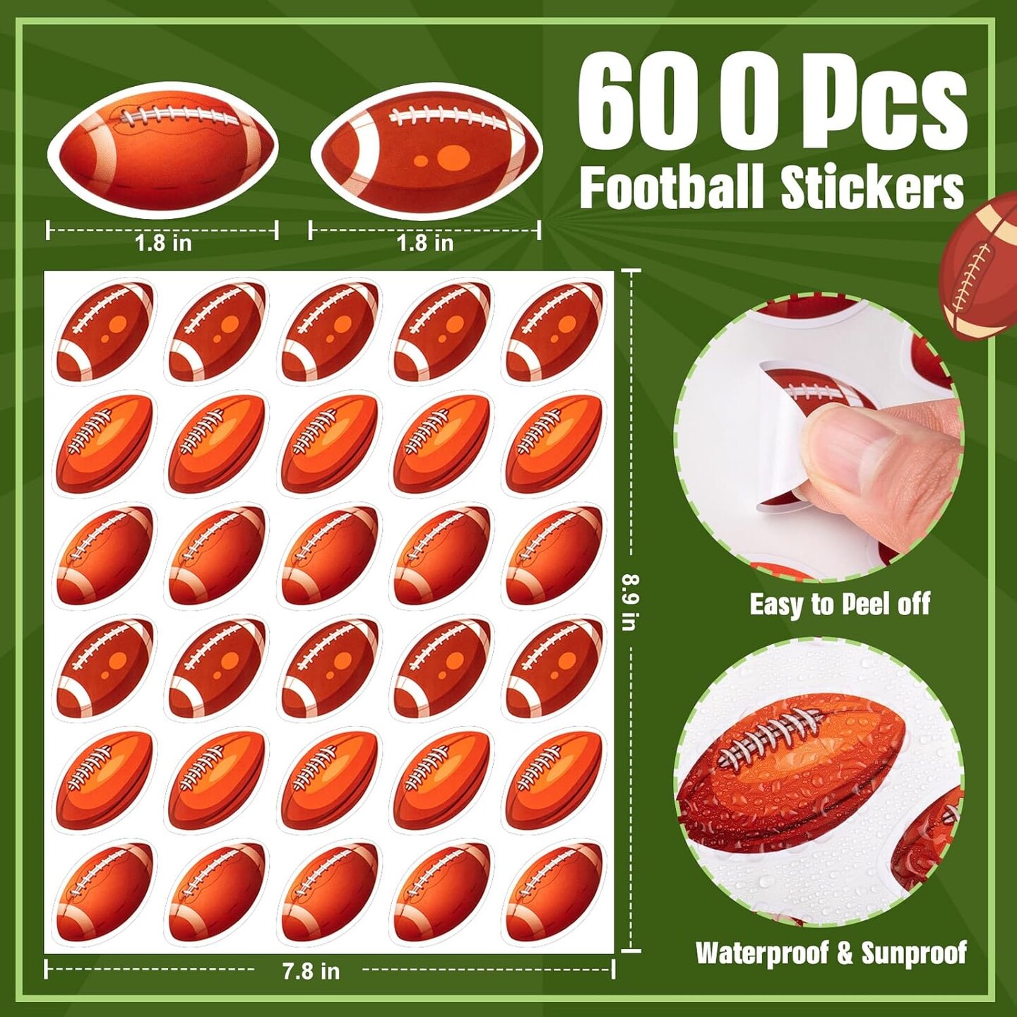 600Pcs Football Stickers for Kids, Self Adhesive Football Sports Stickers, Sports Ball for Poster Board Water Bottles Scrapbook Team Present Birthday Gathering Supplies