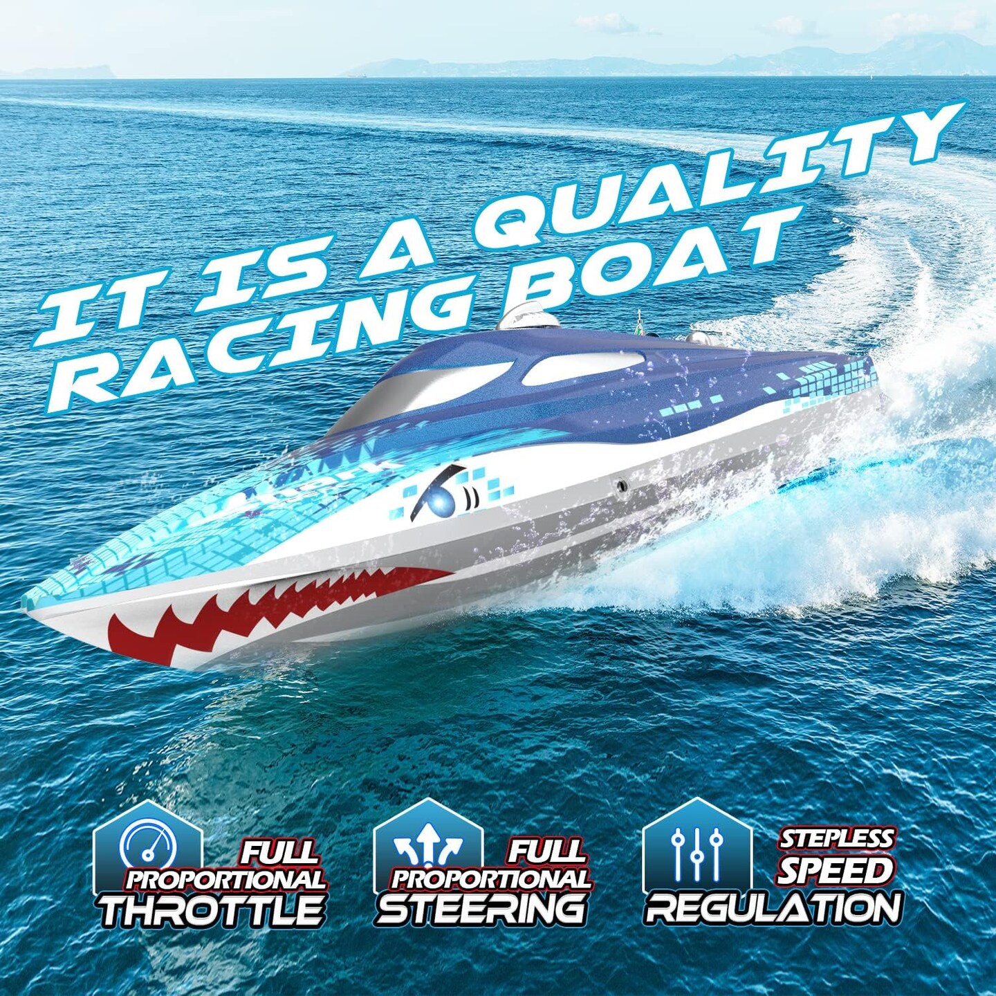 Summer Full Proportional Remote Control Boat with LED Lights, Shark Graffiti, 20+ MPH,2.4GHz High Speed RC Racing Boats for Lakes,Pool Toys for Kids &#x26; Adults