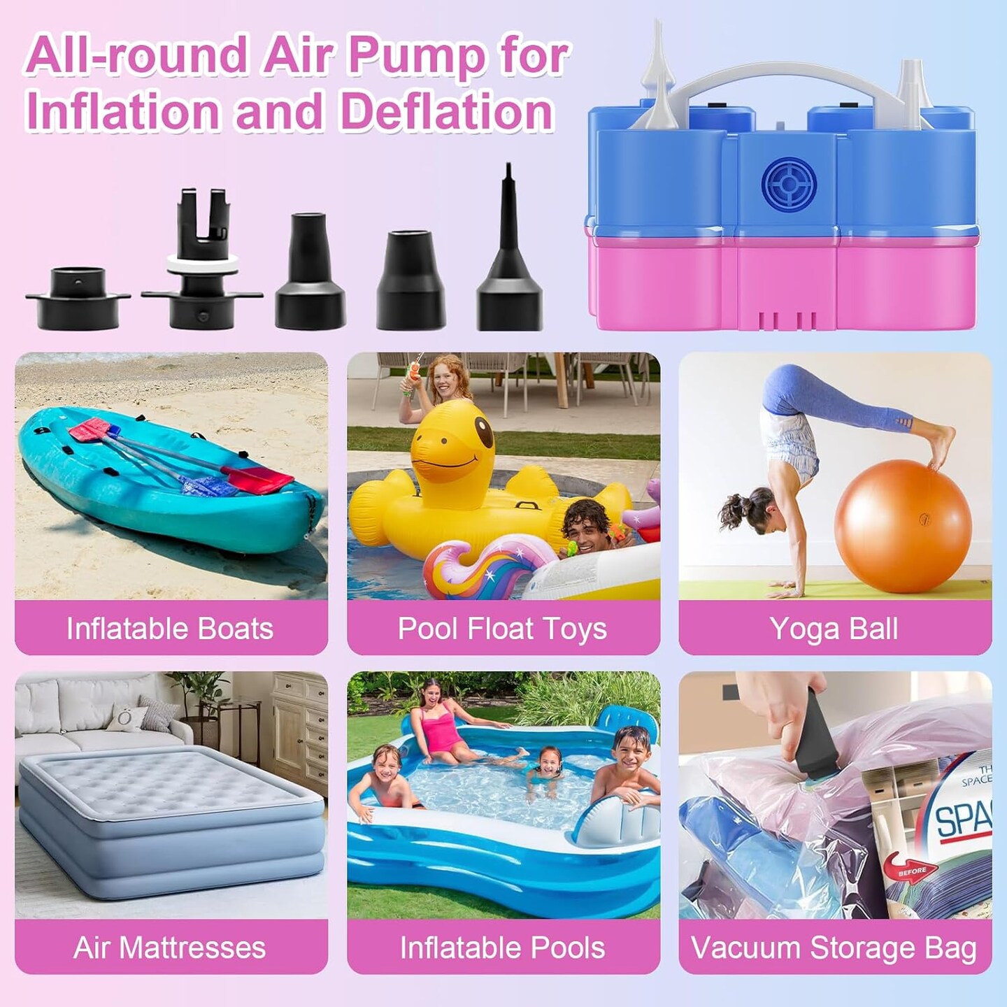 Electric Balloon Pump 3-in-1 Portable Air Balloon Pump for Latex 260Q Long Foil Balloons, 110V Automatic Dual Nozzle Inflator Deflator Inflatables, Pool Floats Raft, Air Mattress (Blue Pink)