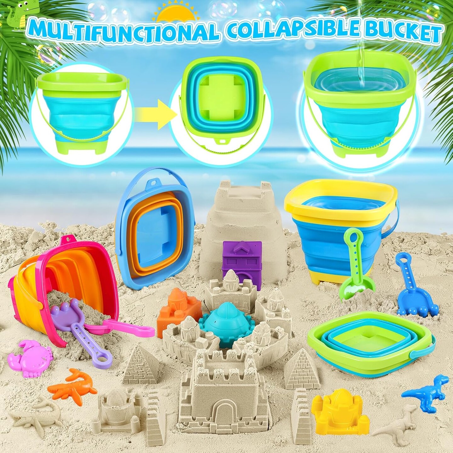 Summer Beach Toys, 40Pcs Sand Toys for Toddlers 1-3 with Sand Construction Vehicles Set, Collapsible Sand Bucket
