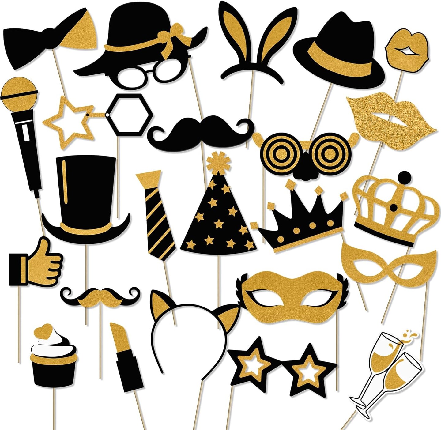 Photo Booth Props, 24PCS Photobooth Props, Funny Photo Props Party Props Accessories for Adults and Kids, Photo Booth Props for Wedding Birthday Christmas New Year&#x2018;s Eve(Black+Gold)