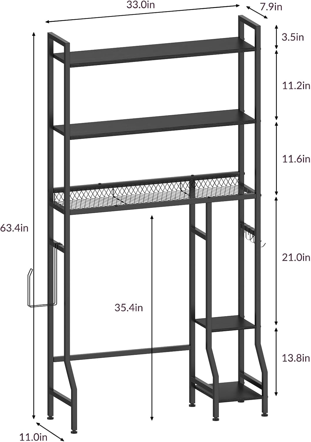 33&#x22; Extended Over The Toilet Storage Rack - Freestanding Bathroom Organizer with Adjustable Shelves, Hooks, Industrial Metal &#x26; Wood Design, Black - Easy Assembly