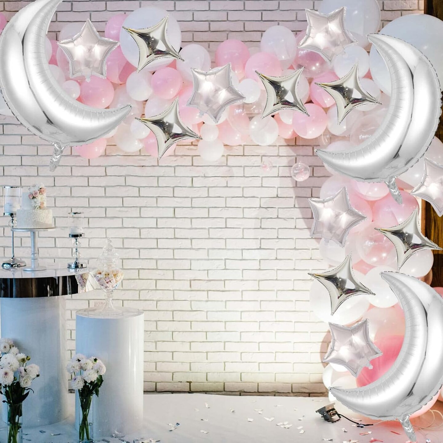 28PCS Silver Moon & Star Foil Balloons – Party Decorations for Baby Shower, Wedding, Birthday