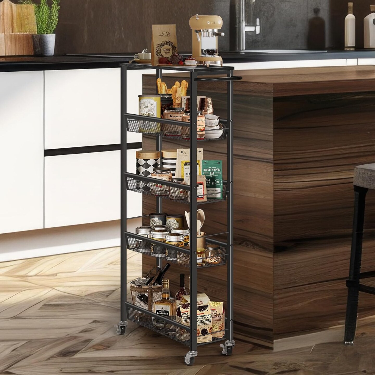 7.3&#x22; Slim Rolling Storage Cart with Handle - 5-Tier Narrow Metal Utility Cart on Lockable Wheels for Kitchen, Bathroom, Laundry Room - Black