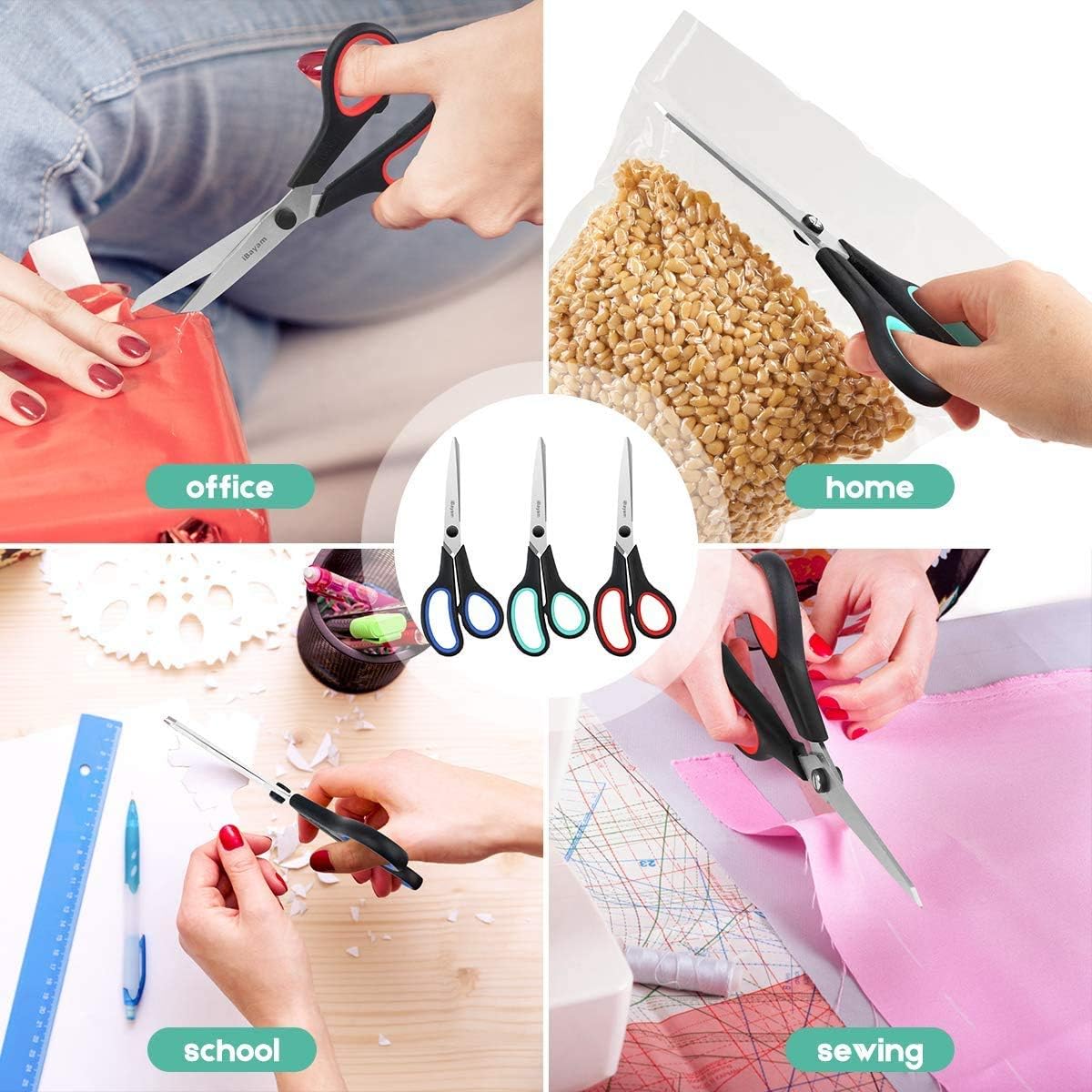 Heavy Duty Scissors Bulk 3-Pack, 2.5mm Thickness Ultra Sharp Blade Shears with Comfort-Grip Handles for Office Home School Sewing Fabric Craft Supplies, Right/Left Hand