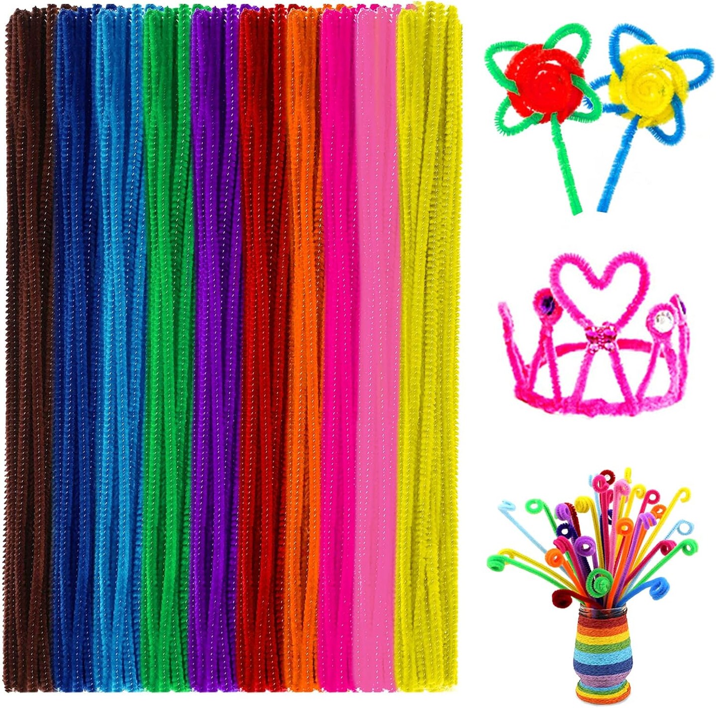 100-Pack 10-Color Chenille Stems, 6mm x 12in, Bright Craft Wire