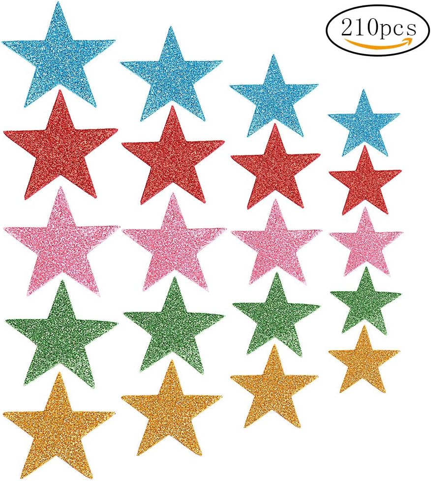 210 Pieces Colorful Glitter Foam Star Stickers, Self Adhesive Shaped Wall Stickers for Kid&#x27;s Arts Craft Supplies Home Birthday Party Decoration (4 Sizes)