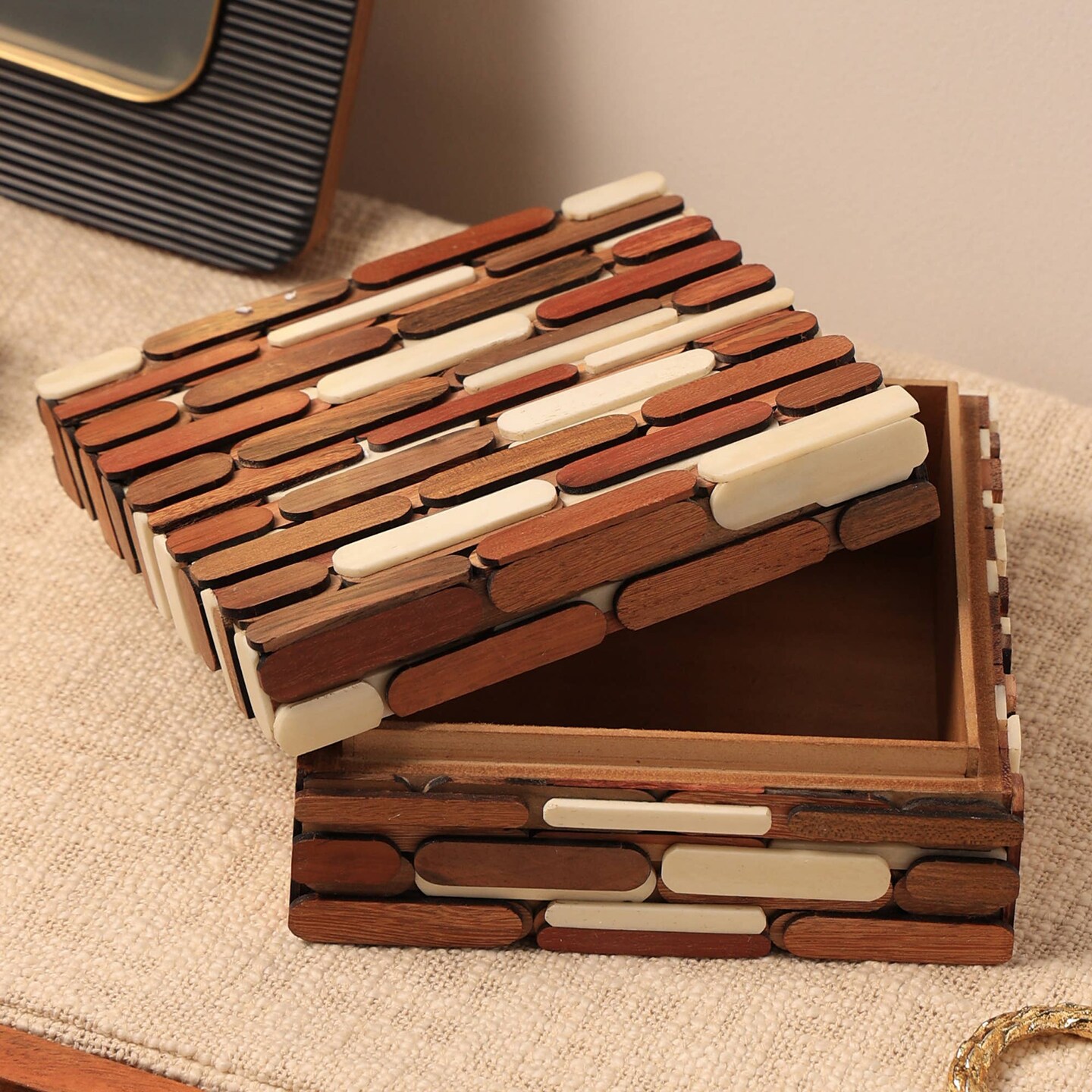 Decorative Box | Handcrafted Wood & Bone Storage Box |6"X6"X3"