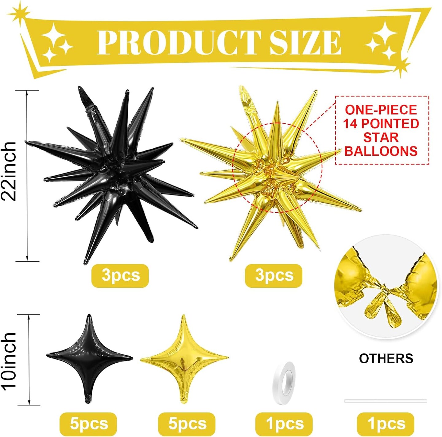 16PCS Black & Gold Star Foil Balloons – 22” & 10” Party Decorations for Birthday & Disco