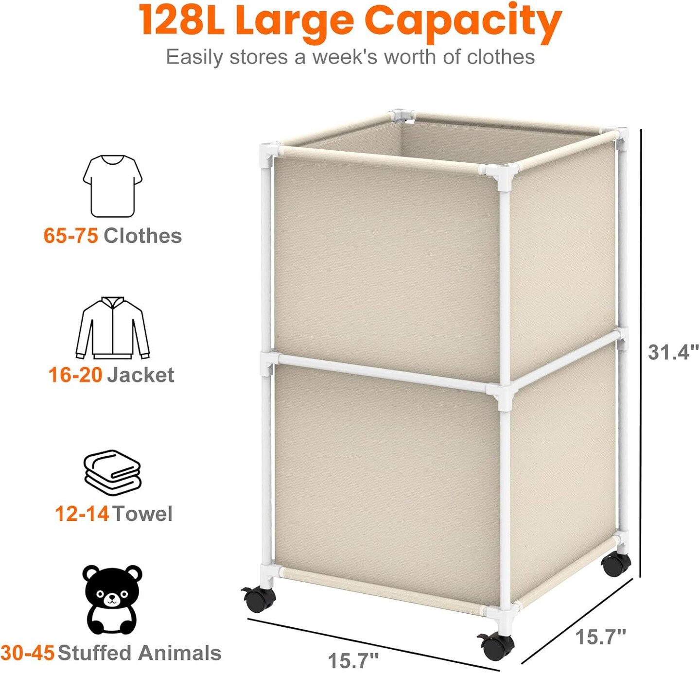32Gal Large Laundry Hamper with Wheels - Rolling Clothes Basket, 120L Oxford Fabric Storage for Bedroom, Dorm, Laundry Room, Beige