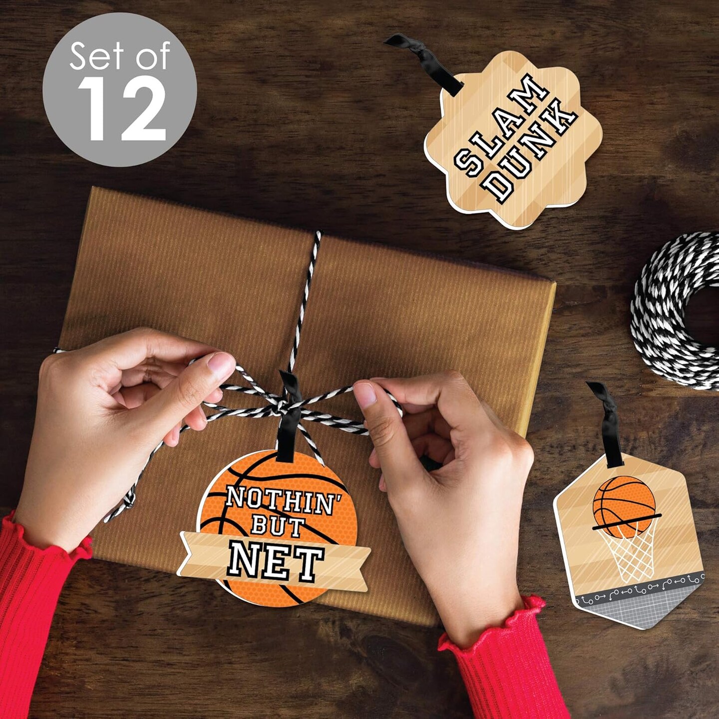 Nothin&#x2019; but Net - Basketball - Assorted Hanging Baby Shower or Birthday Party Favor Tags - Gift Tag Toppers - Set of 12