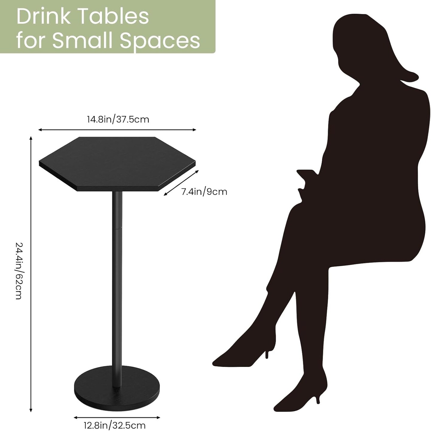 Modern Hexagon Pedestal Table Set of 2 - Black Drink Tables for Small Spaces, 24.4in/62cm Tall, Multi-Functional End Tables for Living Room, Bedroom, Patio (Easy Assembly)