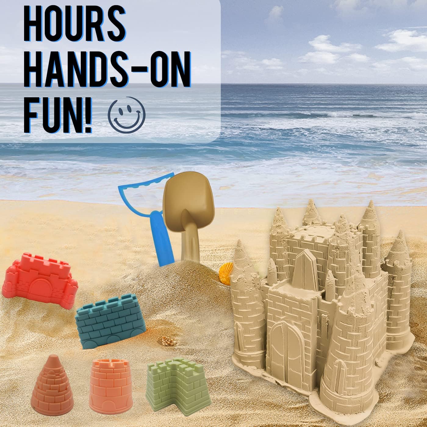 Summer Beach and Sand Castle Kit, 12 PCS Sand Toys for Kids Outdoor with Sand Castle Bucket, Molds, Rake and Shovel, Great Toys for Beach