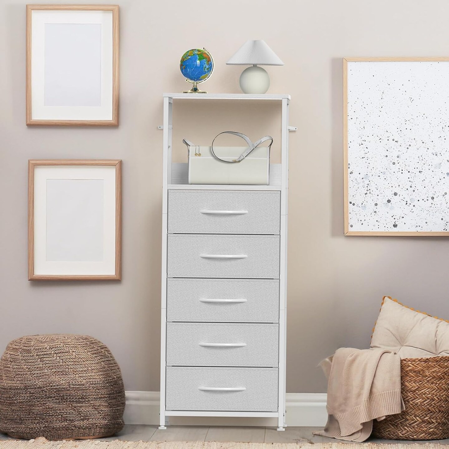 5-Drawer White Fabric Dresser &#x2013; Sturdy Metal Frame &#x26; MDF Top, Tall Clothes Organizer with Adjustable Feet, Space-Saving Storage for Bedroom, Nursery, Entryway