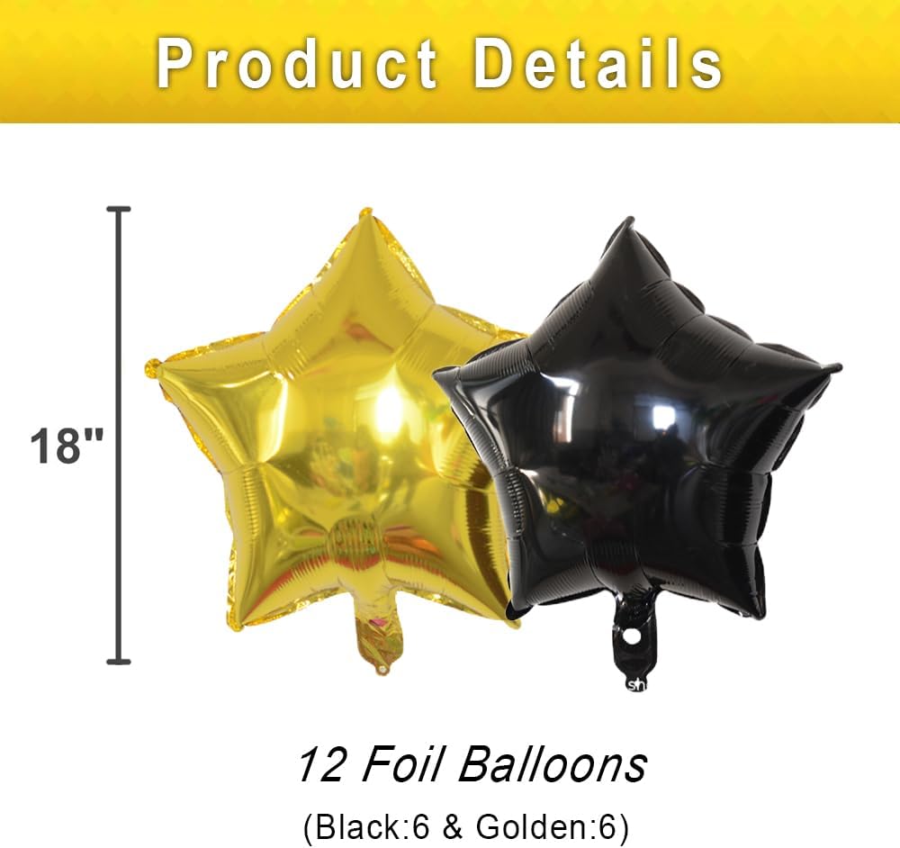 12 Pcs Black Gold Star Balloons, 18 Inch Star Shaped Foil Helium Balloons Mylar Balloons for Wedding Birthday Graduation season Party Decor