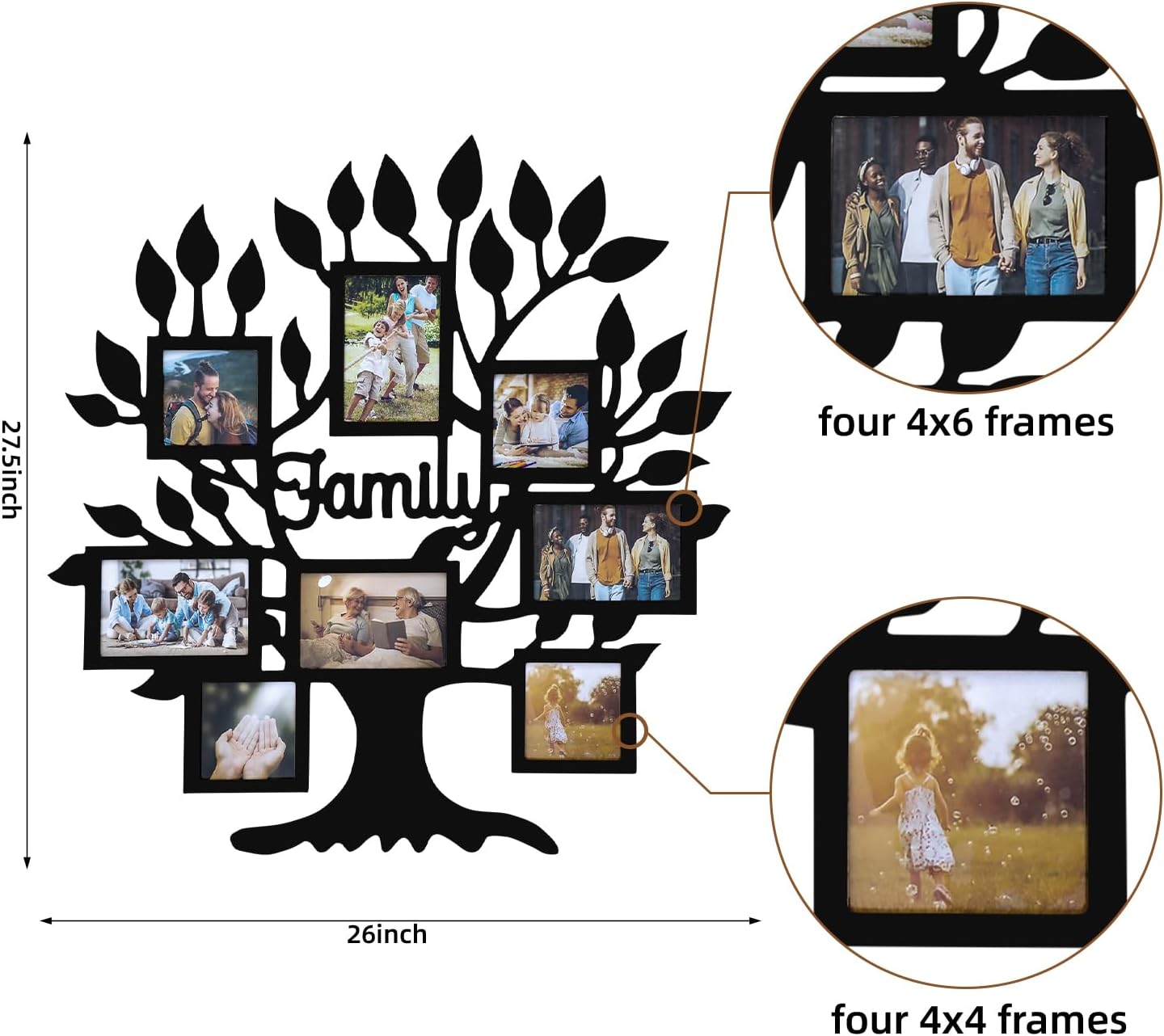 26x27 Inch Family Tree Picture Frame Collage Wall Decor, Rustic Family Tree Wall Decor for Home, Farmhouse Photo Collage Frame for Wall, Photo Frames Multiple Pictures Perfect for Modern Farmhouse Decor (Black)