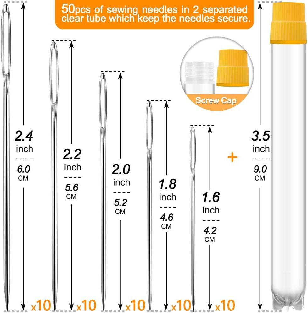 50 Pack Premium Large Eye Needles for Hand Sewing with 4 Needle Threaders, Assorted Sizes, Embroidery Needles for Hand Sewing, Sewing Needles Large Eye, Big Eye Needle