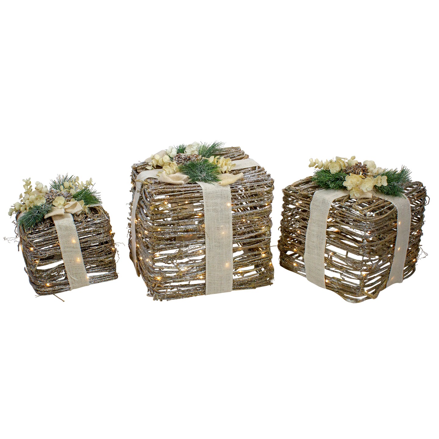 Northlight Set of 3 Silver LED Rattan Christmas Gift Boxes With Pine Cones - 13"