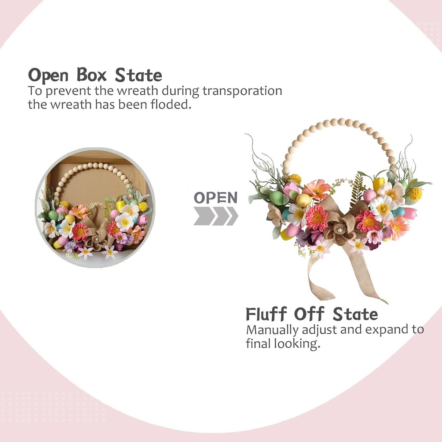 Summer Artificial Wreath 16 Inch Wooden Beads Wreaths for Front Door Summer Wreath with Colorful Silk Flowers Eggs Flax Bow for Home Indoor Window Wall Farmhouse Outside Decor