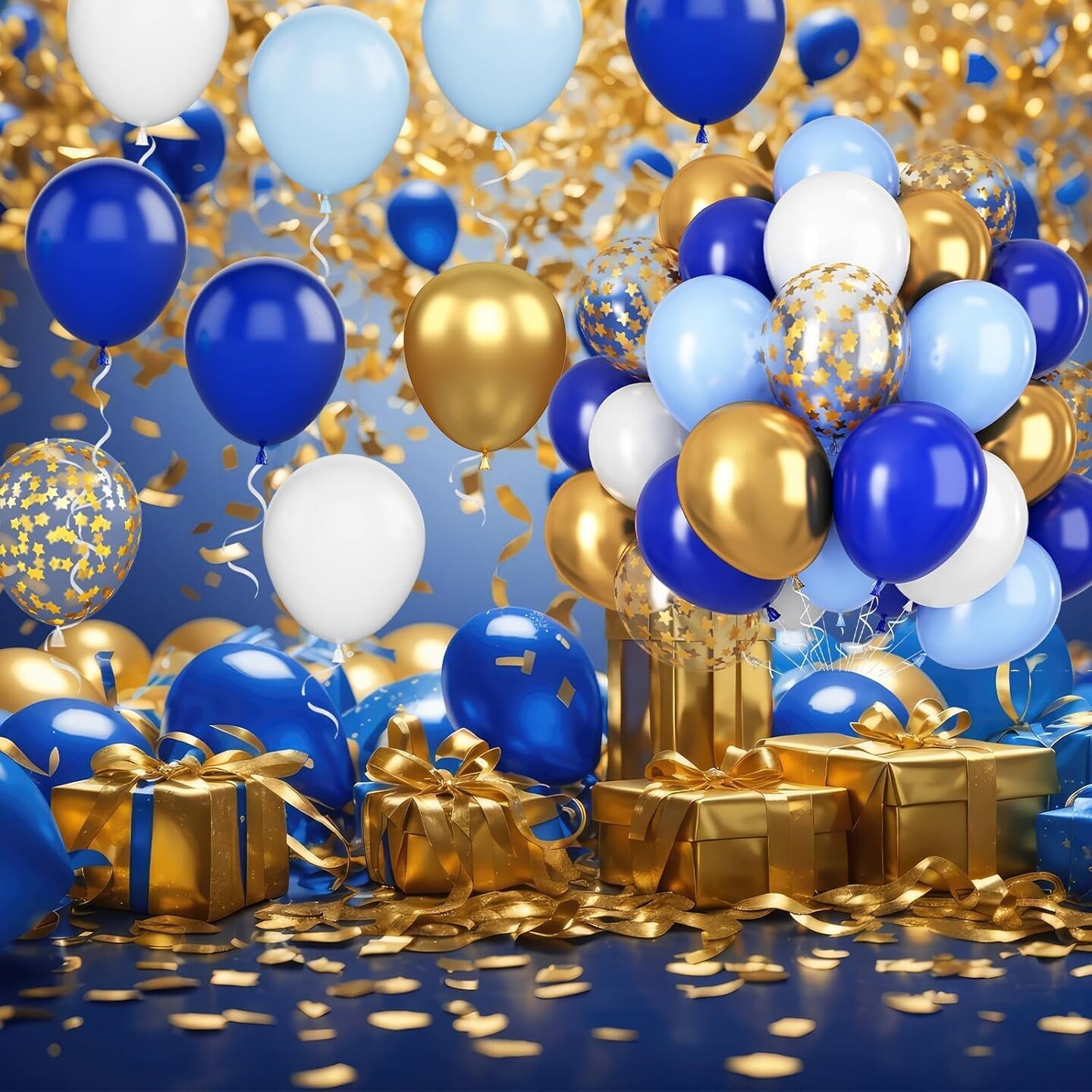 Blue Gold Balloons, 12 Inch Royal Blue and Gold Balloons, Blue and White Gold Balloons Metallic Gold Star Confetti Latex Balloons