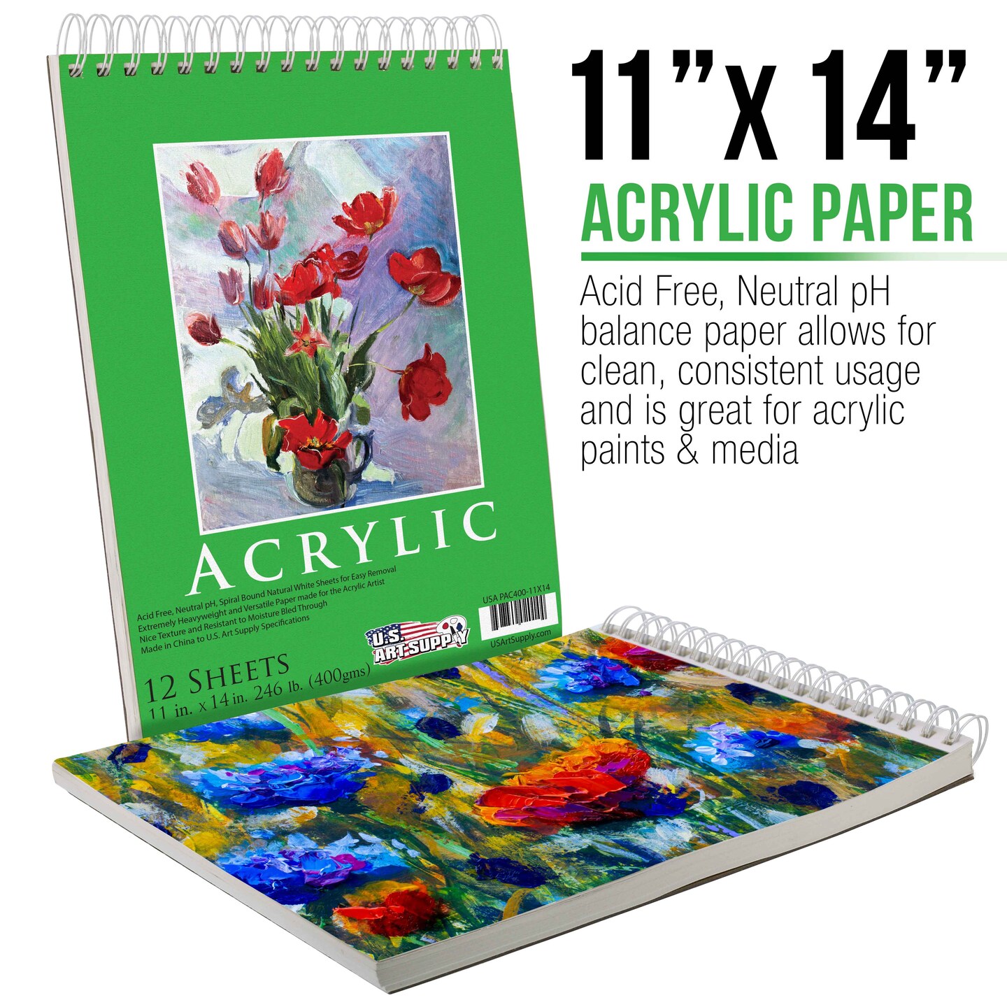 11x14&#x22; Premium Heavy-Weight Acrylic Painting Paper Pad, 246lb (400gsm), 2 Pack, 12 Sheets, Spiral Bound, for Acrylic Paint
