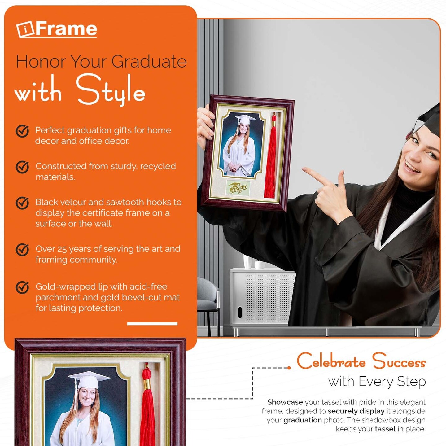 iFrame Graduation Photo &#x26; Tassel Frame I 5x7 Picture Frame I Customizable Grade Class Year | Real Wood Cherry, Black and Walnut Finish I Wall Mount &#x26; Tabletop Graduation Frame | Made in USA
