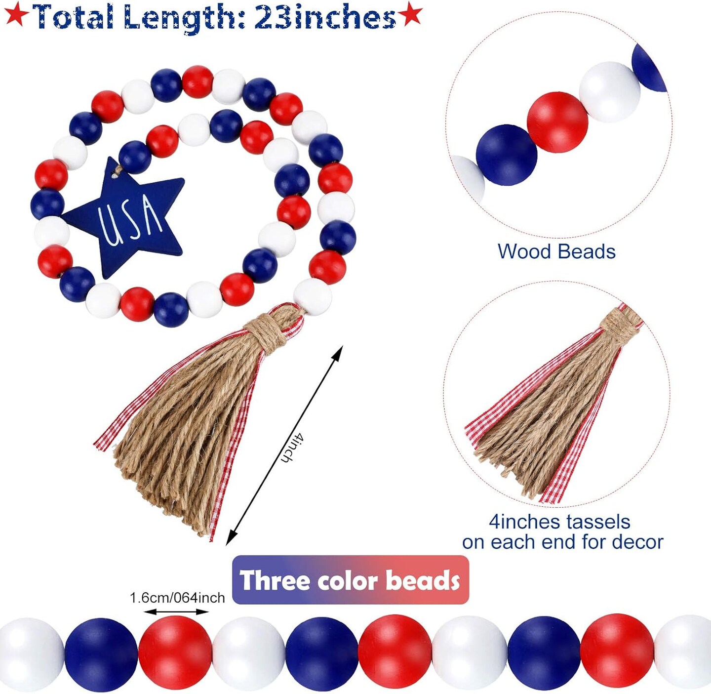 3pcs Independence Day Wood Bead Garland – USA 250th Anniversary Patriotic Beads with Rustic Tassels – Red White and Blue Farmhouse Decor with American Flag & Heart Signs – Boho Prayer Beads for Tiered Trays & Mantels