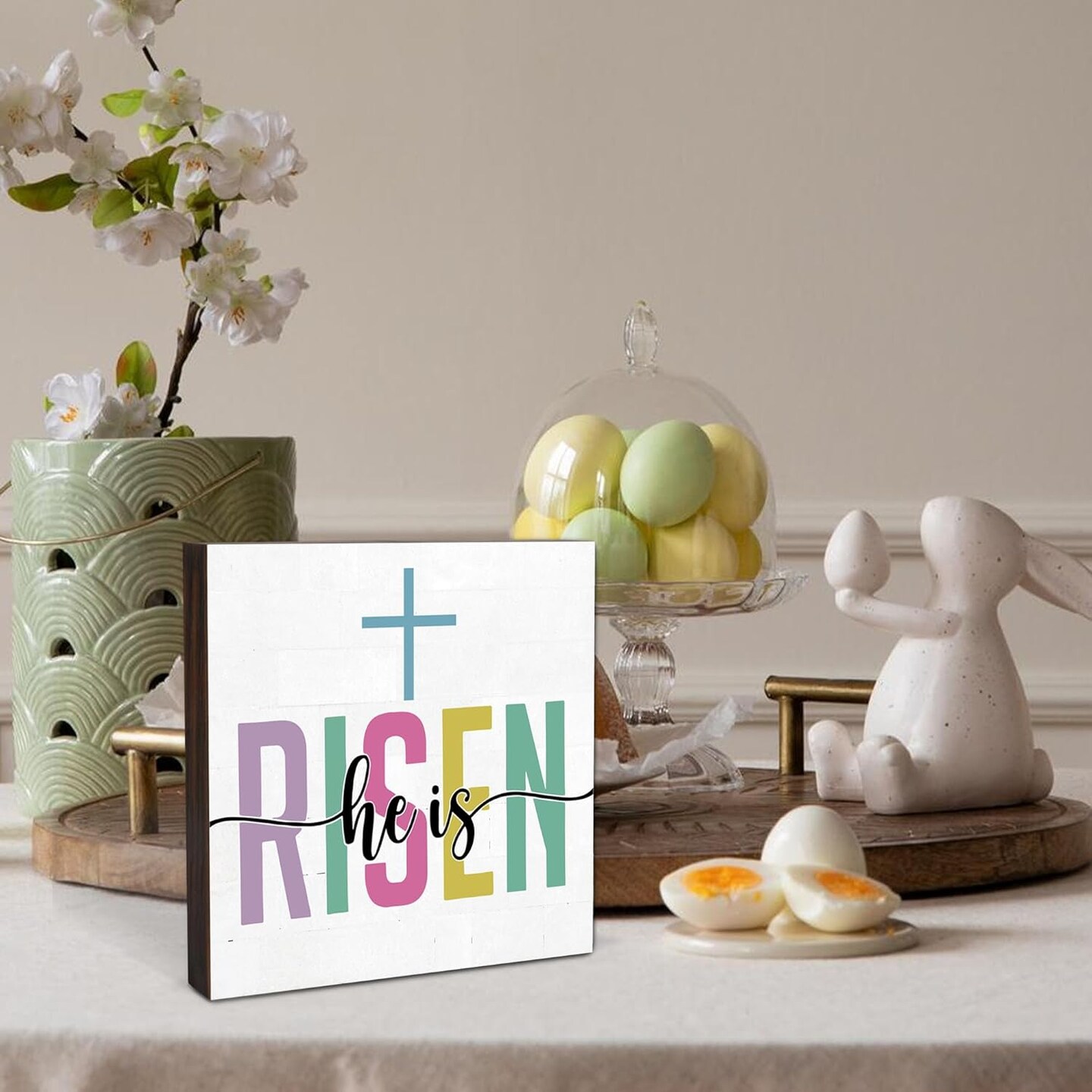 Easters Bunny Gifts, He Is Risen Sign, Easter Bunny Decor, Farmhouse Easter Decorations Indoor for Home Office Tabletop Desk Decoration-B06