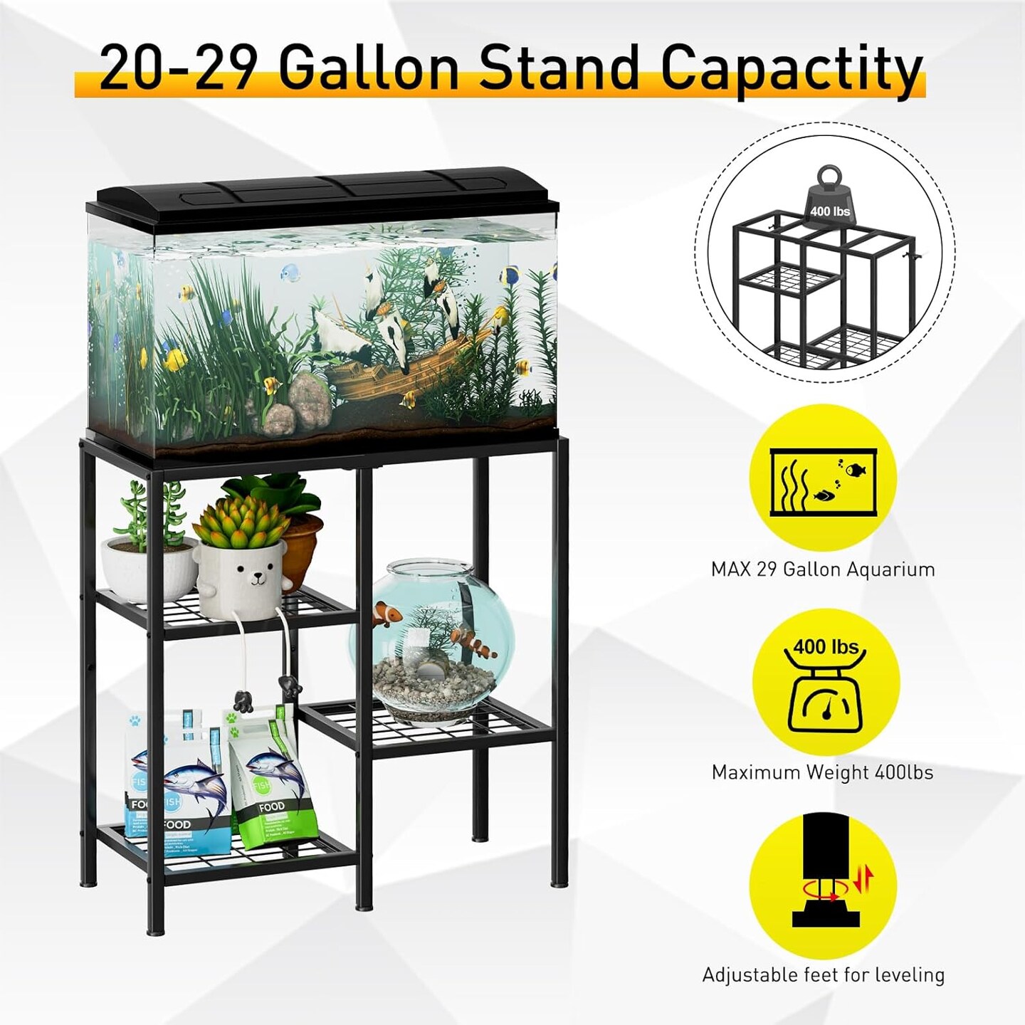 20-Gallon Aquarium Stand with 3-Tier Shelves, Heavy-Duty Metal Fish Tank Rack – Adjustable Anti-Slip Feet, Reptile & Turtle Terrarium Stand for Living Room, Office, or Bedroom