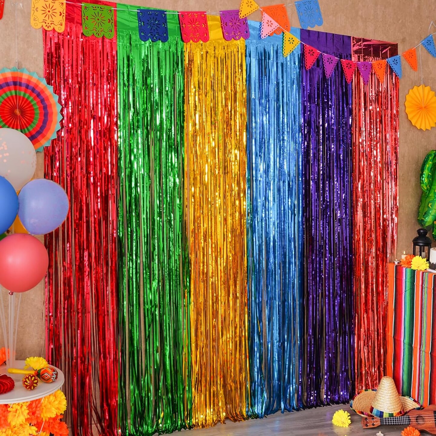 2-Pack Fiesta Foil Fringe Curtains 3.3x6.6ft Cinco de Mayo Party Decorations