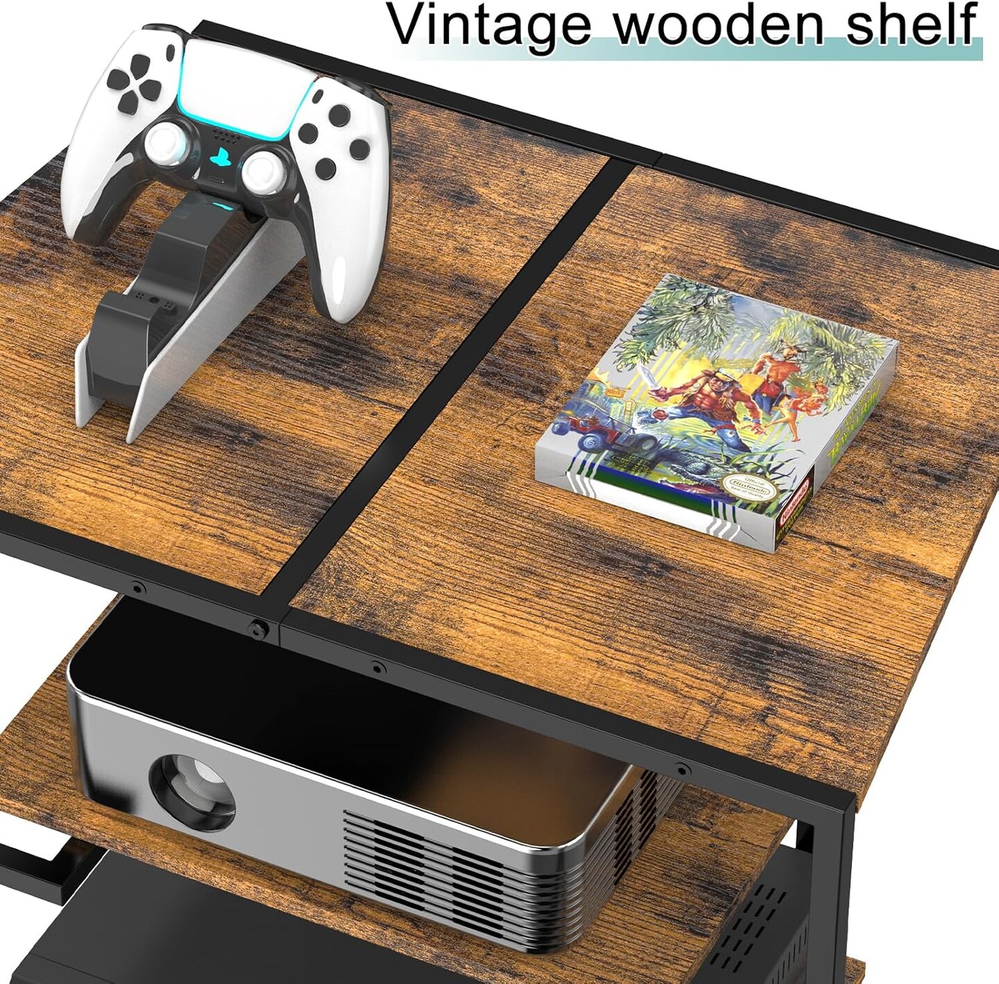 4-Tier Brown AV Media Stand with Charging Station - Corner Stereo Cabinet for Record Players, Game Consoles, TVs (24.4&#x22;W/62cm x 27.6&#x22;H/70cm)