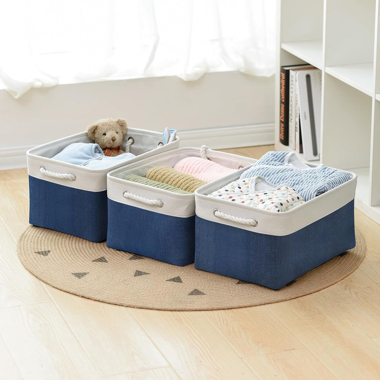 Summer Collapsible Storage Basket for Shelves - Large 3 Pack 16x12x8 inch Storage Basket for Organizing with Handles, Canves Storage Box for Organizer Toy Closet Cloth Gift (White &#x26; Jean Blue)