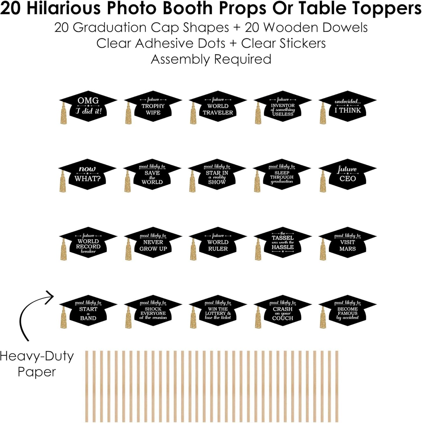 Hilarious Graduation Caps - Gold - Graduation Photo Booth Prop Kit - 20 Count