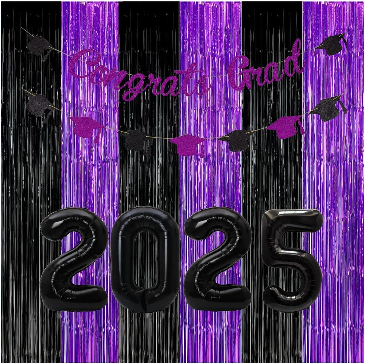 Graduation Decorations 2025 Purple Black Foil Fringe Backdrops, Black Purple Party Decorations Streamer Tinsel Curtains for Graduation Birthday Halloween Party(3 Pack)
