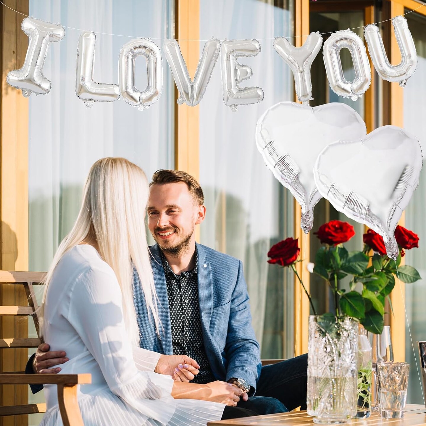 16in Silver 'I LOVE YOU' Balloon Banner with 2 Heart Foil Balloons – Romantic Party Decor