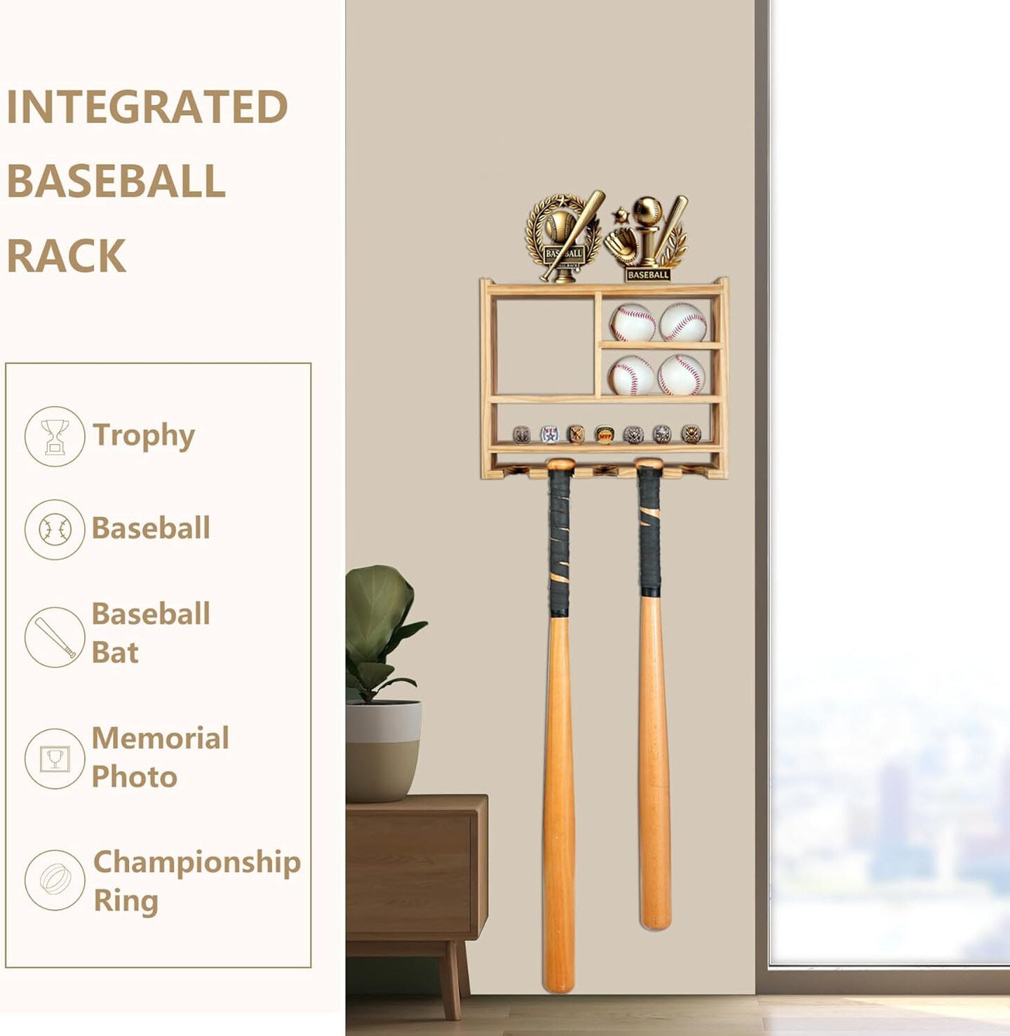 Baseball Display Case, Solid Wood Championship Ring Holder for Wall Mounted, Softball Shelf for Balls, Bat, Rings, Trophies - One Case for All Memorabilia