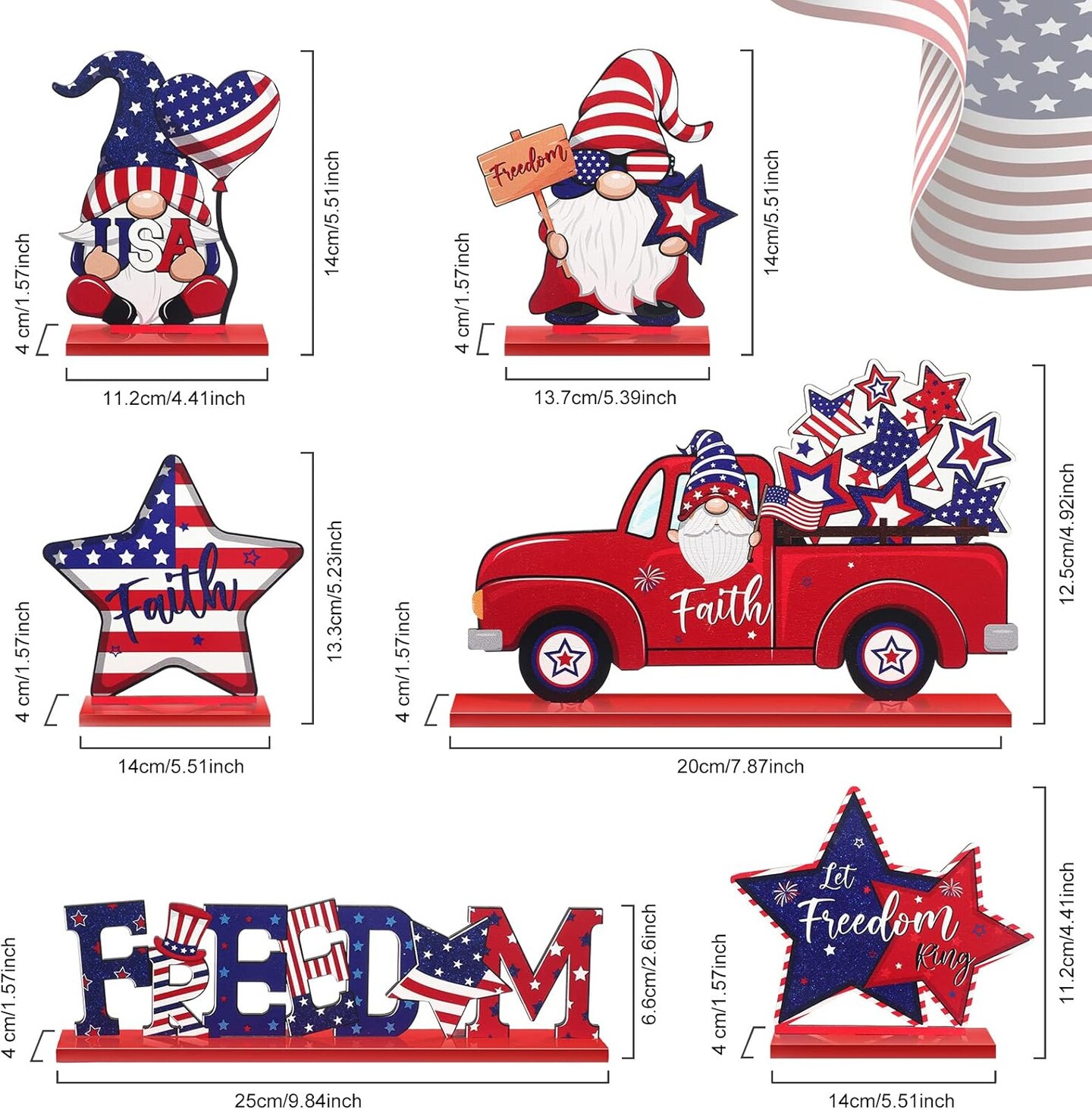 6 Pieces Patriotic Table Decor Memorial Day Table Decorations Wooden Gnome Freedom Truck Star 4th of July