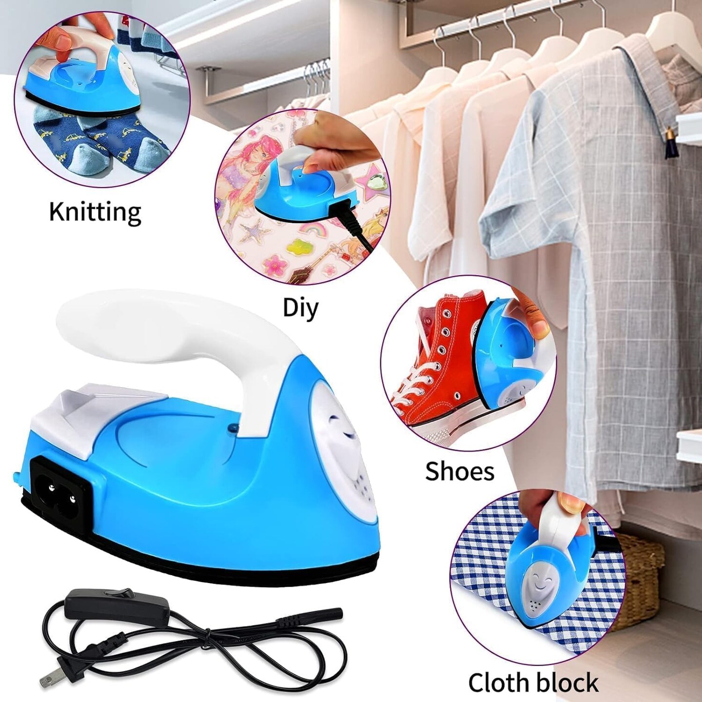 Mini Heat Press Iron Machine,Portable Mini Electric Iron,Small Heat Press Iron,Mini Iron Press for Clothes Shoes Bags Hats,Iron Press Machine for Heating Transfer,Silicone Pad Included (Blue)