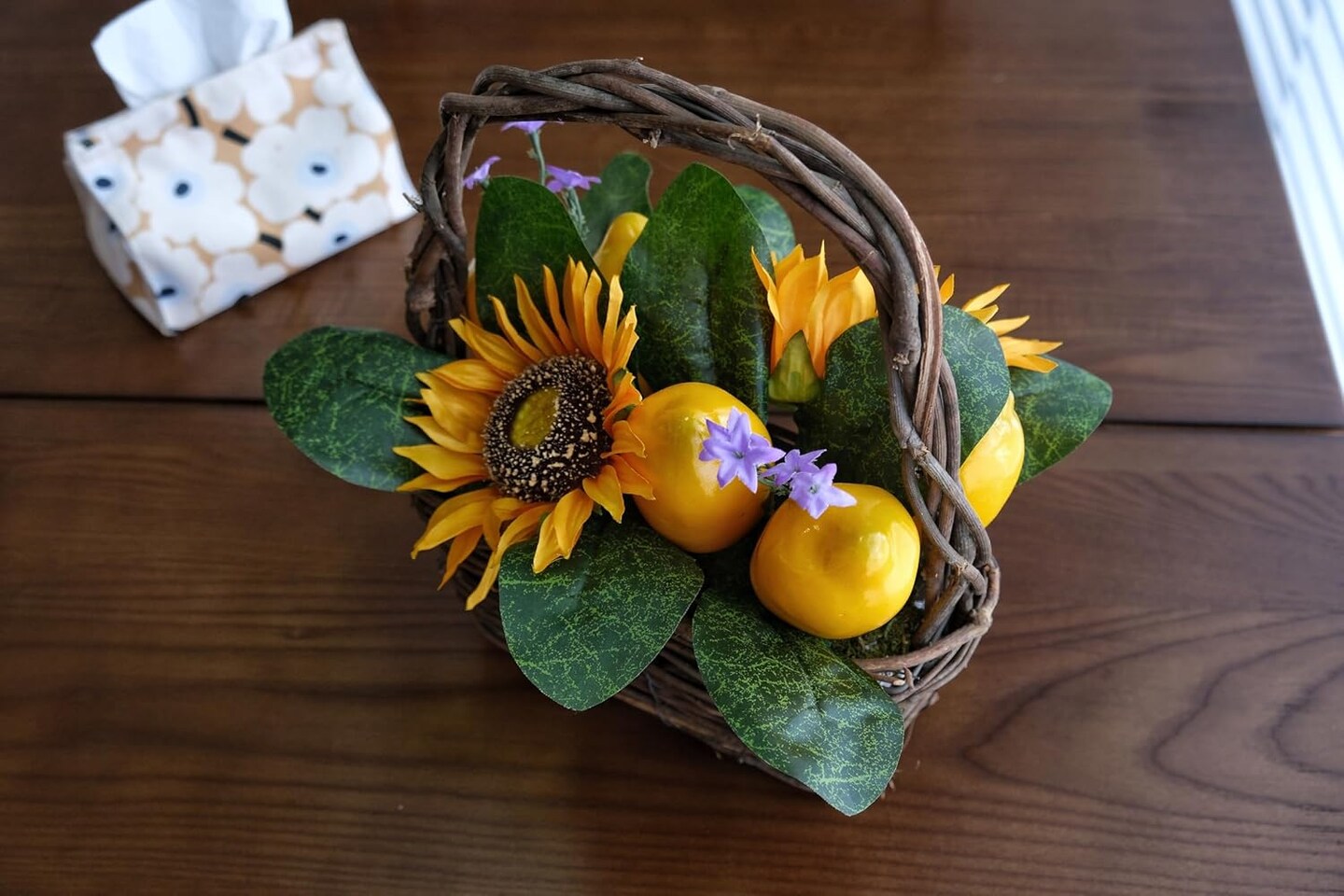 Rustic Farmhouse Table Decor, Spring Summer Tabletop Basket Decoration with Artificial Sunflowers Lemons Magnolia Leaves, Small Centerpiece for Home Indoor Living Room Kitchen Dining Room Table
