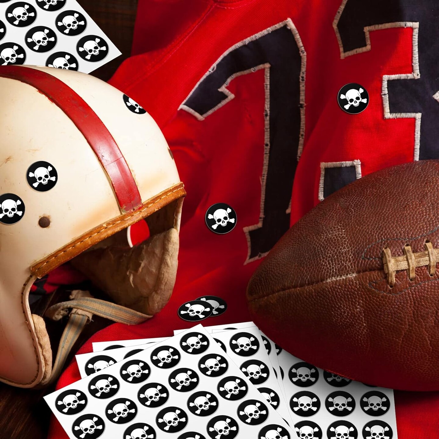 Skull Helmet Award Decals Youth Football Baseball Helmet Stickers 1-1/8'' Vinyl Stickers Self Adhesive Hockey Lacrosse(Black Print White,8 Sheets)