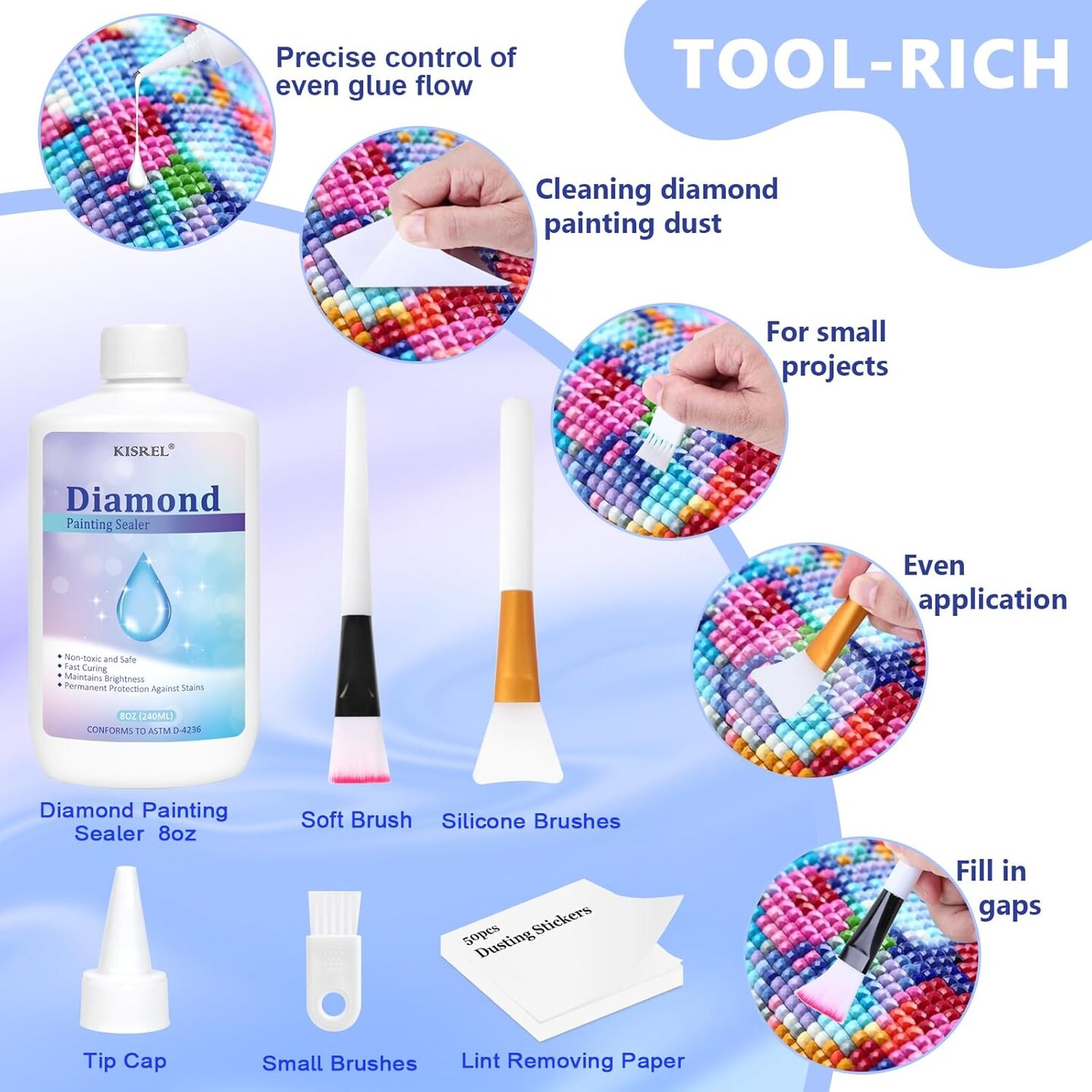 8OZ Diamond Painting Sealer, Diamond Painting Tools Adhesive with Applicator, 5D Diamond Painting Glue Sealer Permanent Hold, Shine Effect Conserver for Jigsaw Puzzles(240ML)