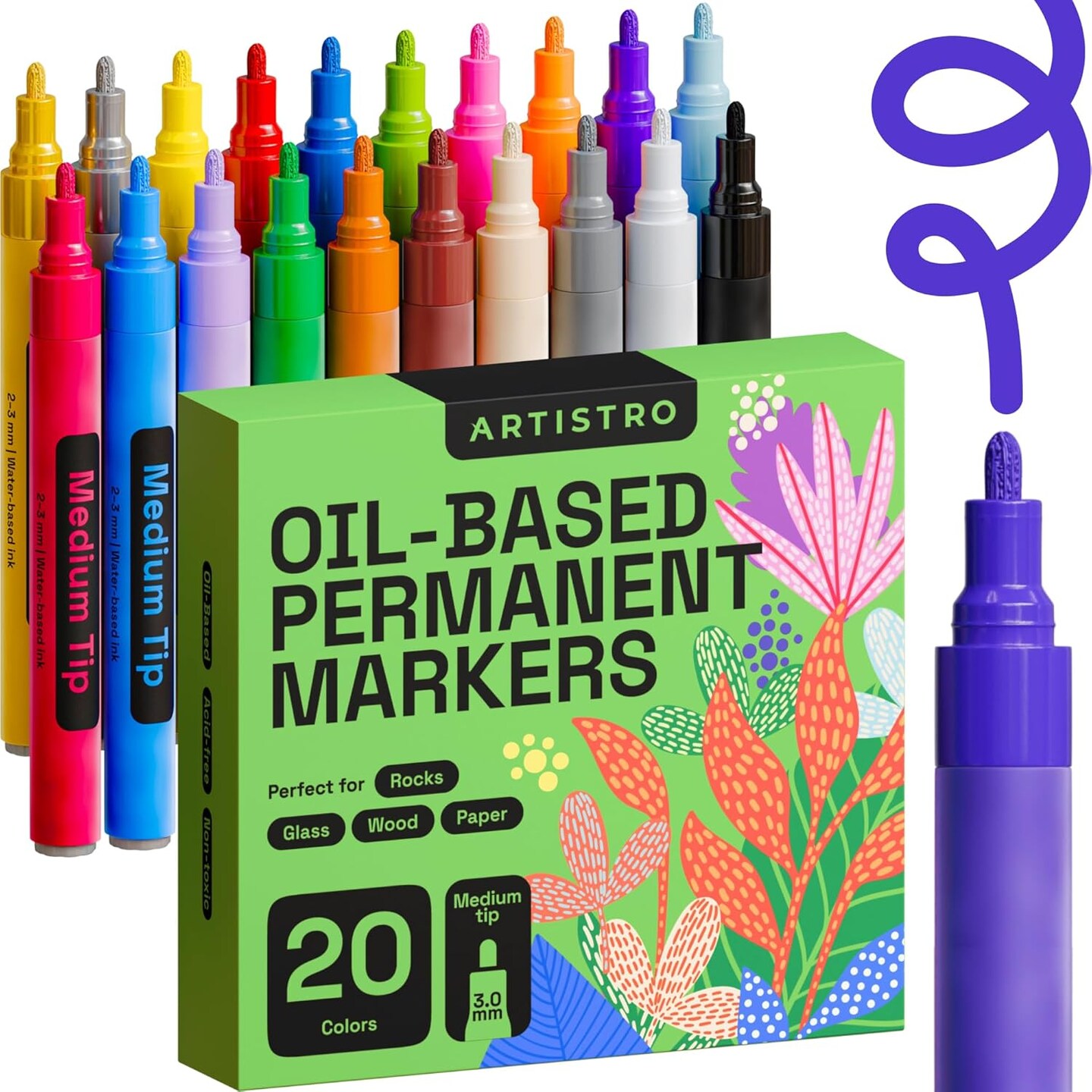 20 Oil-Based Permanent Paint Markers - Assorted Sets of Fine and Medium Tip Markers for Wood, Rock, Fabric, Glass, Ceramic, Metal, Plastic, and More - Quick Dry, Waterproof, Permanent