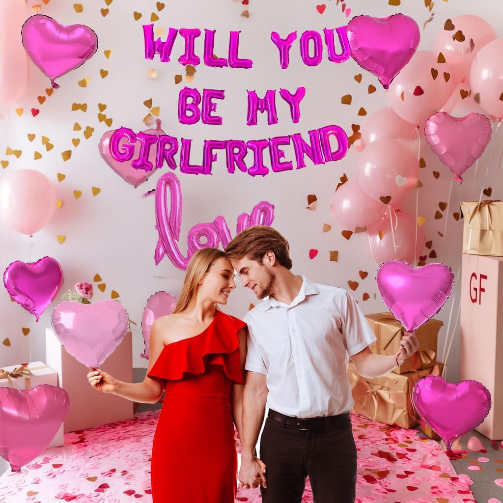 Will You Be My Girlfriend Balloons 60pcs pink hot pink and white balloon kit Include 18 Inch Heart Shaped Balloons and 1000 Pink Artificial Rose Petals Romantic Decoration Kit for Valentines Party