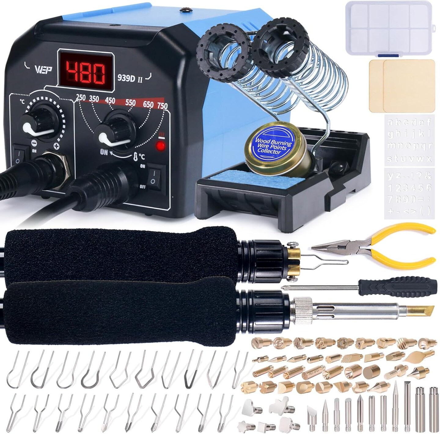 Wood Burning Kit 86-IN-1 with 51 Solid Points and 20 Wire Nibs Wood Burner with 2 Letter Number Stencils, 2 Unfinished Wood, 1 Pen Holder, Burning Tool